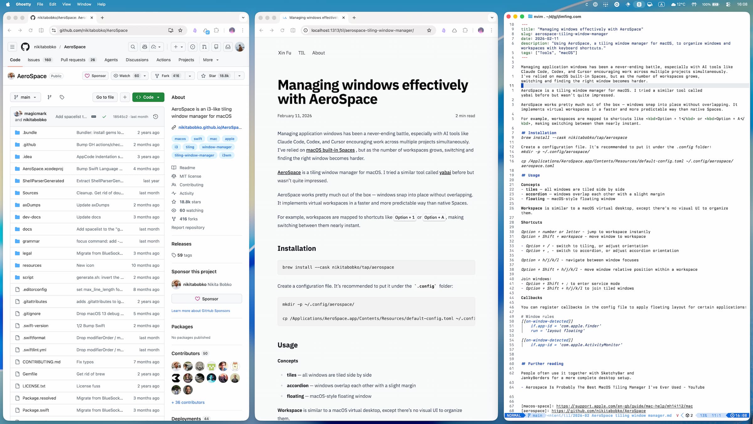 Tiled workspace with three windows side by side